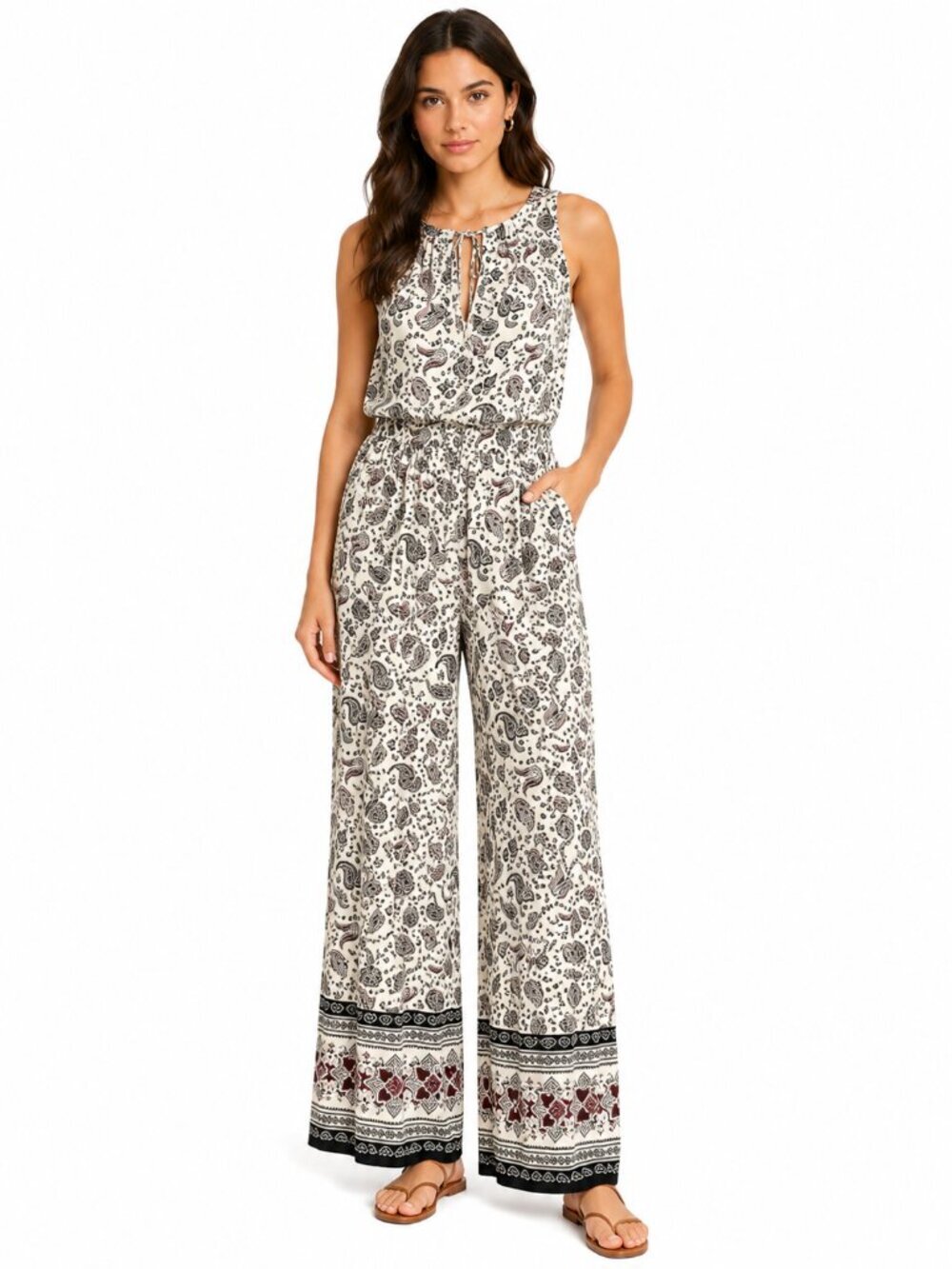 H&M DIVIDED Sleeveless Paisley Viscose Jumpsuit Cream Black Berry Red Size 6